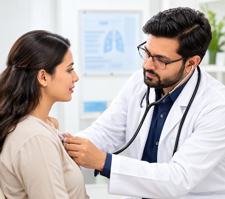 Pulmonologist examining a patient's chest at the Chest & Lung Clinic, Jangpura Delhi